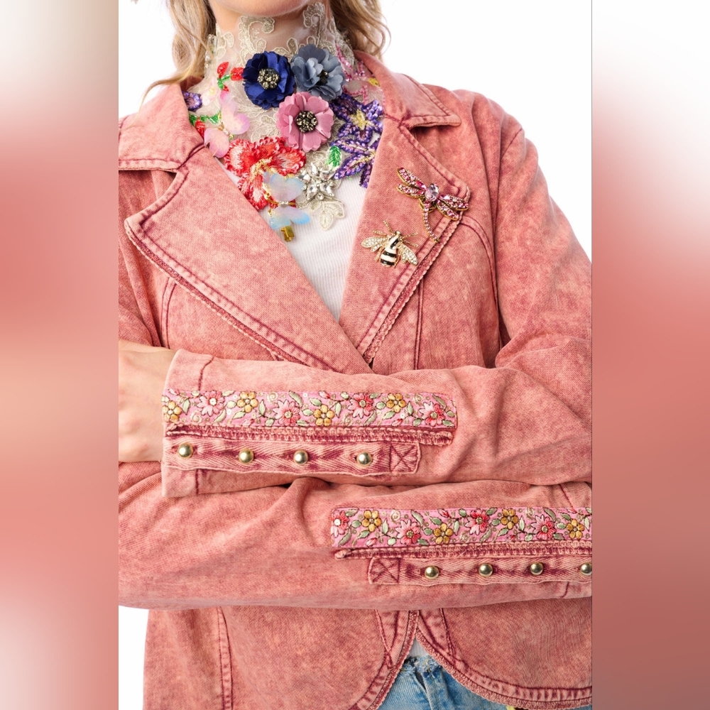 NWT Floral Embroidered Pink French Terry Jacket - Picture 6 of 13
